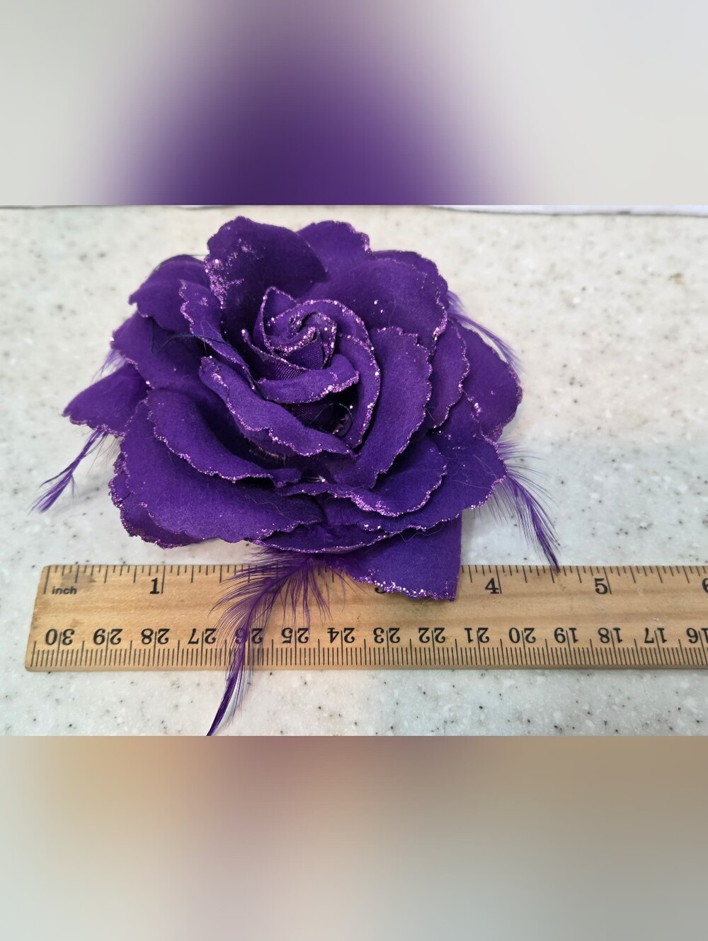 Purple Fabric Rose Flower Brooch Pin Hair Clip Glitter Feather 4" Statement - Picture 4 of 5